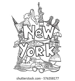 Hand drawn vector illustration with symbols of New York City, statue of liberty, hot dog stand, Brooklyn bridge, Chrysler building, Empire State Building. Great for a background or coloring.
