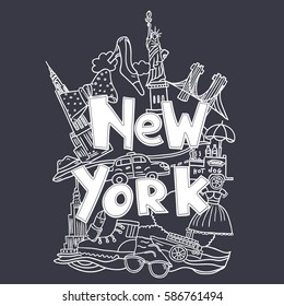 Hand drawn vector illustration with symbols of New York City, statue of liberty, hot dog stand, Brooklyn bridge, Chrysler building, Empire State Building. Great for a background or coloring.
