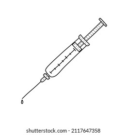 Hand drawn vector illustration of syringe with drop in doodle style. Cute illustration of a medical equipment on white background.