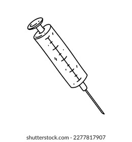 Ilustración vectorial dibujada a mano de la jeringa en forma de doodle. Cuidada ilustración de un equipo médico sobre fondo blanco.