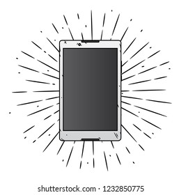 Hand drawn vector illustration with Tablet PC and divergent rays. Used for poster, banner, web, t-shirt print, bag print, badges, flyer, logo design and more. 
