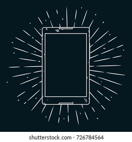 Hand drawn vector illustration with Tablet PC and divergent rays on blackboard. Used for poster, banner, web, t-shirt print, bag print, badges, flyer, logo design and more. 