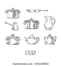 Hand drawn vector illustration of tableware, utensils. Isolated kitchen set, images for design, packaging, menu