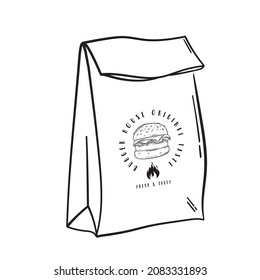 Hand drawn vector illustration of a take away bag. Doodle Burger box with logo.