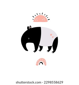 Hand drawn vector illustration of tapir, sun and rainbow. Free hand image for kids designs, clothes, frame art, nursery decoration