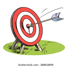 Hand drawn vector illustration of a target with an arrow. Concept target market, audience, group, consumer Target symbol. Success concept.Cartoon hand drawn target, isolated on white.