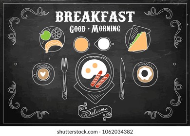 Hand Drawn Vector Illustration Of Tasty Breakfast On Black Chalkboard. Eggs With Sausages, Sweet Donut, Coffee Cup, Sandwich, Fresh Fruits, Juice And Jug Of Milk. Top View