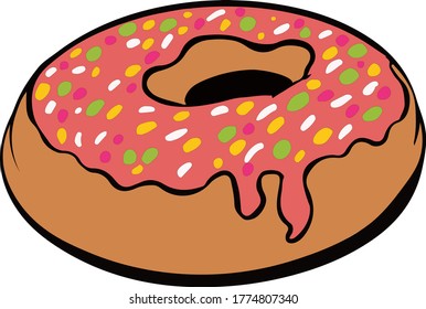 Hand drawn vector  illustration of tasty donut with glaze and topping.