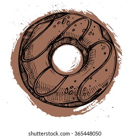 Hand drawn vector illustration- Tasty chocolate donut. Isolated on white background. Sketch element. 