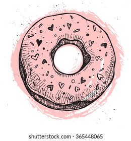 Hand drawn vector illustration- Tasty raspberry donut. Isolated on white background. Sketch element. 