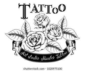 Hand drawn vector illustration of tattoo logo with roses and leaves. Ideal for invitations, greeting cards, quotes, tattoos, textiles, blogs, posters, etc.