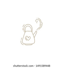 Hand drawn vector illustration of tea kettle with heart. Doodle teapot icon line symbol. Monoline quality sketch art isolated element