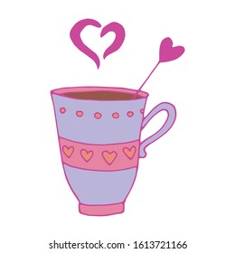 Hand drawn vector illustration of tea cup with hearts and dots pattern, steam and lettering. Romantic valentine day motif. Element for seasonal design, greeting cards, print materials, menu, etc