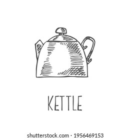 Ilustración vectorial dibujada a mano del hervidor de té, tetera. Vajilla aislada, vajilla utensilios para diseño, empaque, menú