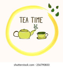 Hand drawn vector illustration of tea cup and pot. Tea time