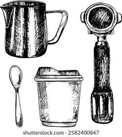 hand drawn vector illustration of a tea or coffee steel spoon, frothing pitcher, takeaway coffee in paper cup and a holder for a horn coffee maker