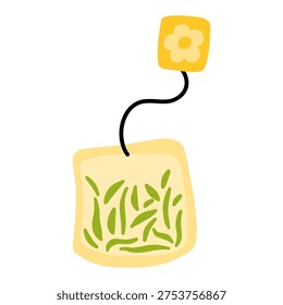 Hand drawn vector illustration of a tea bag with green tea leaves and a yellow flower tag. Cute beverage element, cozy home kitchen icon isolated on white background