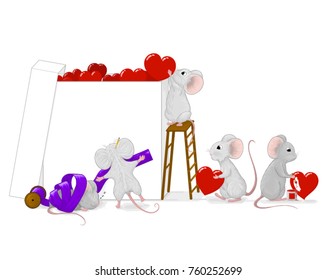 Hand drawn vector illustration of a team of small cute gray mice preparing a big love gift box with red hearts and purple ribbon.