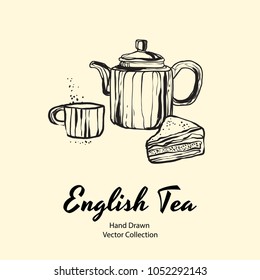 Hand drawn vector illustration with teapot, cup and biscuits in old style for cafe menu, logo, banner, flayer, coffee shop, sticker, flyer. Tea time illustration. Coffee break graphic. Ink line sketch