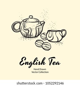 Hand drawn vector illustration with teapot, cup and biscuits in old style for cafe menu, logo, banner, flayer, coffee shop, sticker, flyer. Tea time illustration. Coffee break graphic. Ink line sketch