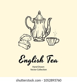 Hand drawn vector illustration with teapot, cup and biscuits in old style for cafe menu, logo, banner, flayer, coffee shop, sticker, flyer. Tea time illustration. Coffee break graphic. Ink line sketch