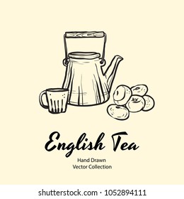 Hand drawn vector illustration with teapot, cup and biscuits in old style for cafe menu, logo, banner, flayer, coffee shop, sticker, flyer. Tea time illustration. Coffee break graphic. Ink line sketch