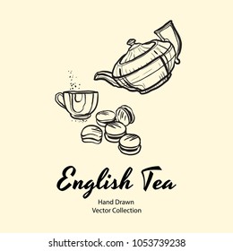 Hand drawn vector illustration with teapot, cup and biscuits in old style for cafe menu, logo, banner, flayer, coffee shop, sticker, flyer. Tea time illustration. Coffee break graphic. Ink line sketch