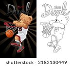 Hand drawn vector illustration of teddy bear playing basketball. Coloring book or page