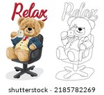Hand drawn vector illustration of teddy bear in suit on chair drink coffee. Coloring book or page
