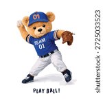 Hand drawn vector illustration of teddy bear playing baseball.Vector cartoon illustration, teddy bear playing baseball.strikeout slogan with cool bear doll in baseball jersey uniform vector, artwork.Strike slogan with bear doll baseball hitter vector illustration