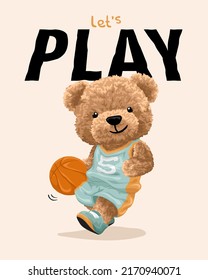 Hand drawn vector illustration of teddy bear cartoon playing basketball