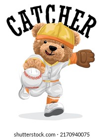 Ilustración vectorial dibujada a mano del oso de peluche jugando al béisbol