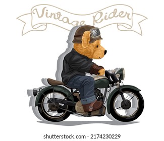 Hand Drawn Vector Illustration Of Teddy Bear Riding Motorcycle