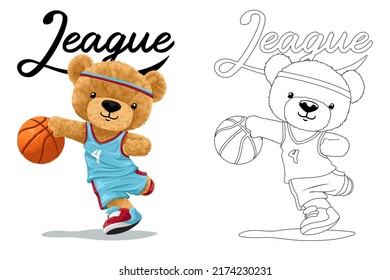 Dibujo manual de ilustraciones vectoriales de oso de peluche jugando al baloncesto. Libro o página de color