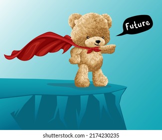 Hand Drawn Vector Illustration Of Teddy Bear Hero Standing On Cliff