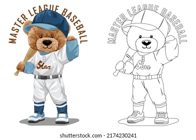 Hand drawn vector illustration of teddy bear in baseball costume. Coloring book or page svg