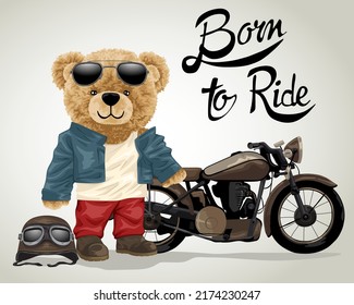 Hand Drawn Vector Illustration Of Teddy Bear With Motorcycle