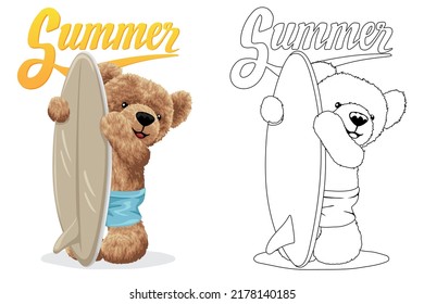 Ilustración vectorial dibujada a mano del oso de peluche con tabla de surf. Libro o página de color