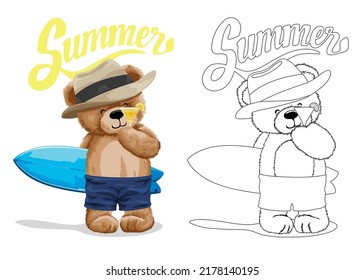 Ilustración vectorial dibujada a mano de un cóctel de oso de peluche con tabla de surf. Libro o página de color