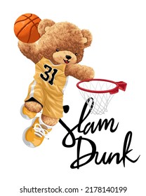 Hand drawn vector illustration of teddy bear playing basketball