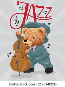 Hand drawn vector illustration of teddy bear playing double bass in jazz music show