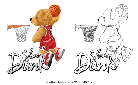 Hand drawn vector illustration of teddy bear playing basketball. Coloring book or page