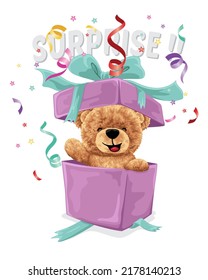 Hand drawn vector illustration of teddy bear appear from gift box