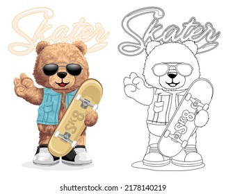 Hand drawn vector illustration of teddy bear wearing sunglasses and vest with skateboard. Coloring book or page