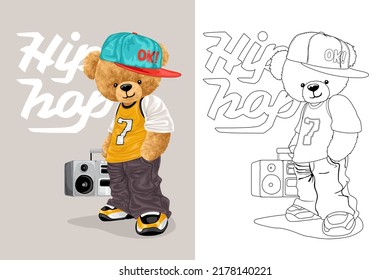 Hand drawn vector illustration of teddy bear in hip hop style with tape recorder. Coloring book or page