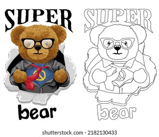 Hand drawn vector illustration teddy bear superhero ripping shirt  Coloring book page