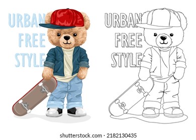 Hand drawn vector illustration of teddy bear in hipster style with skateboard. Coloring book or page