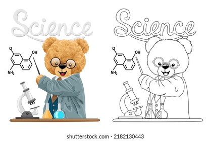 Hand drawn vector illustration of teddy bear scientist. Coloring book or page