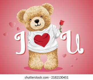 Hand drawn vector illustration of teddy bear in apparel with heart picture holding flower