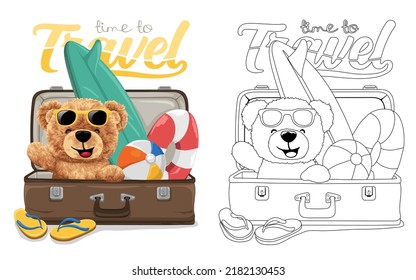 Hand drawn vector illustration of teddy bear on suitcase with tourism equipment. Coloring book or page